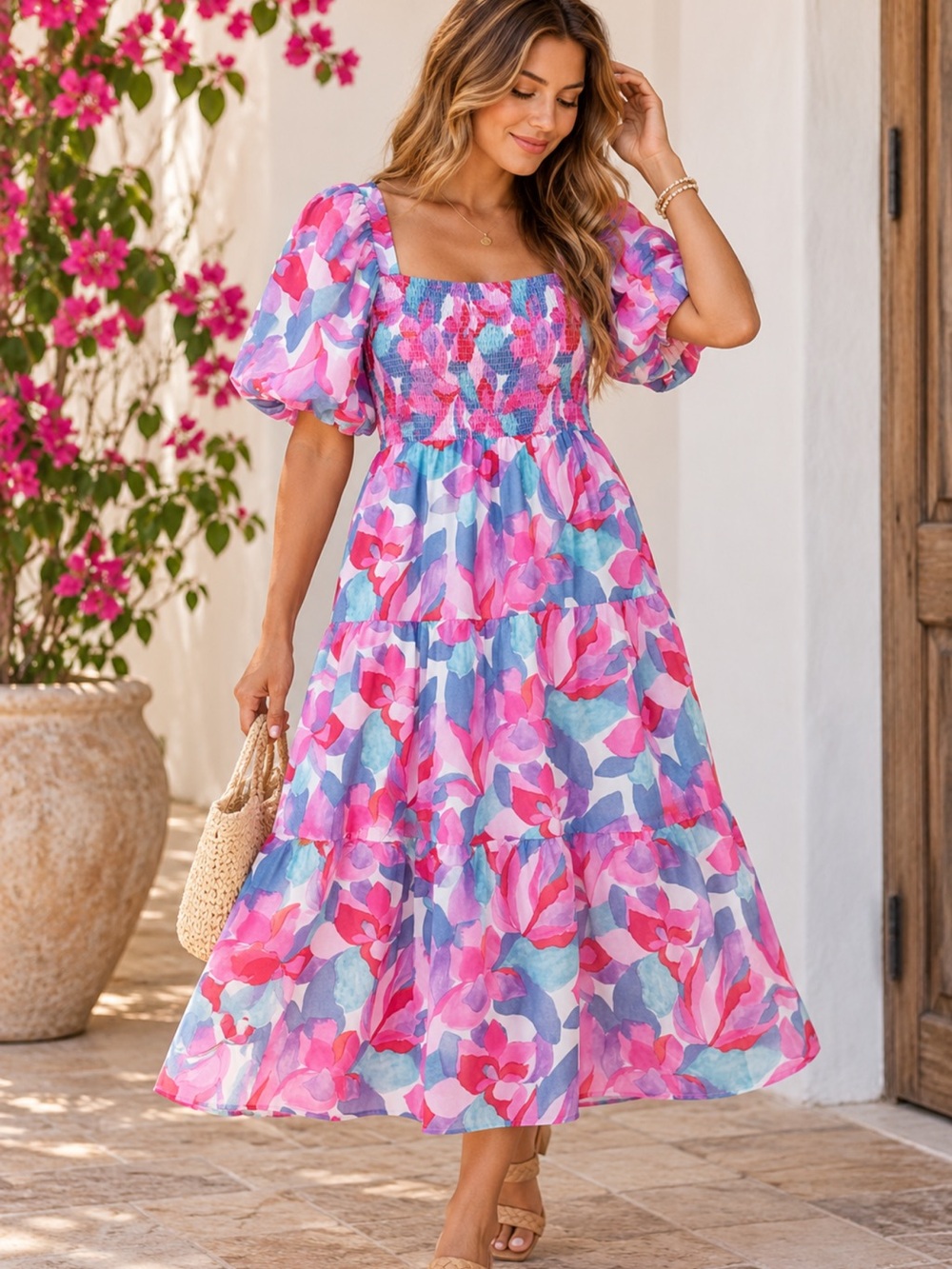 THML Pink Blue Floral Puff Sleeve Smocked Tiered Midi Dress Size M
